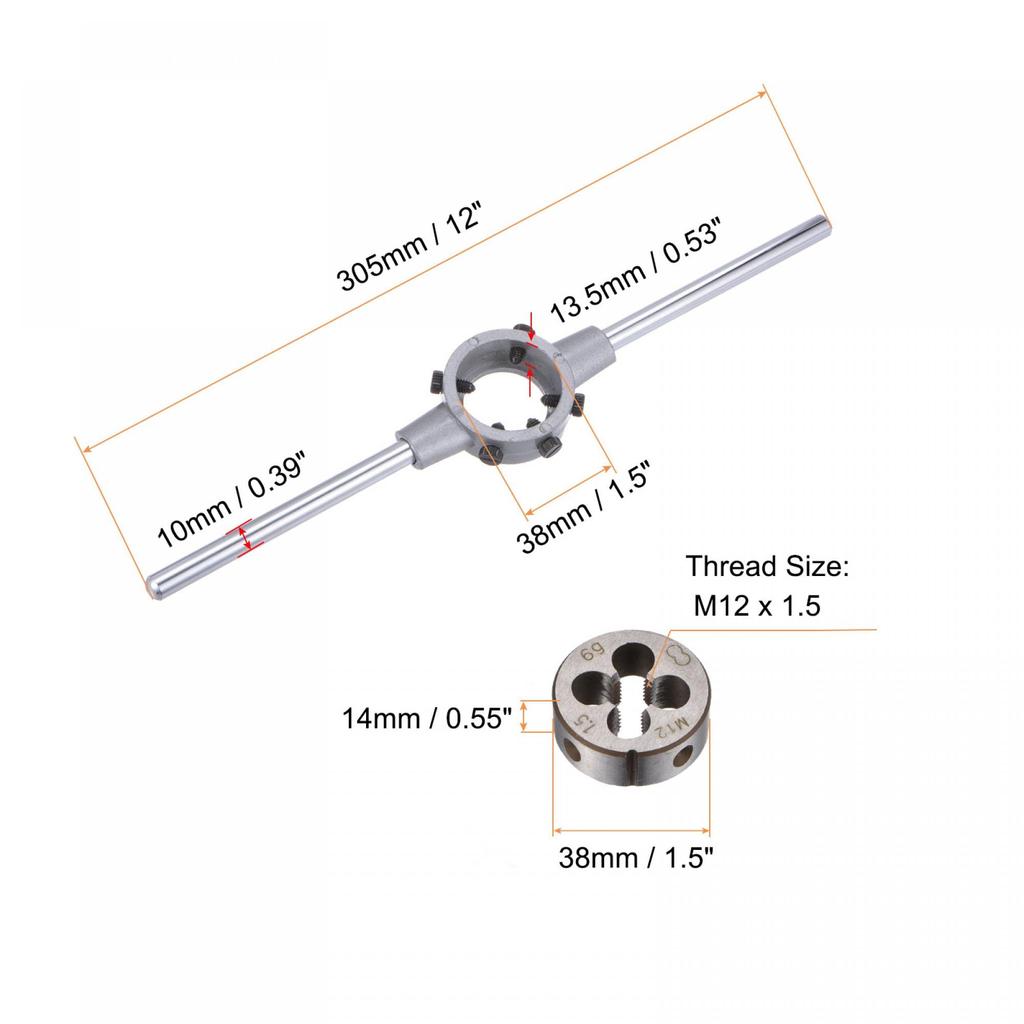 Uxcell Die Stock Handle Wrench Threaded Round Die and 38mm with Adjustable Hand Tool Set, M12x1.5 (Compatible M12-M16 Dies) Holder, Wrench,