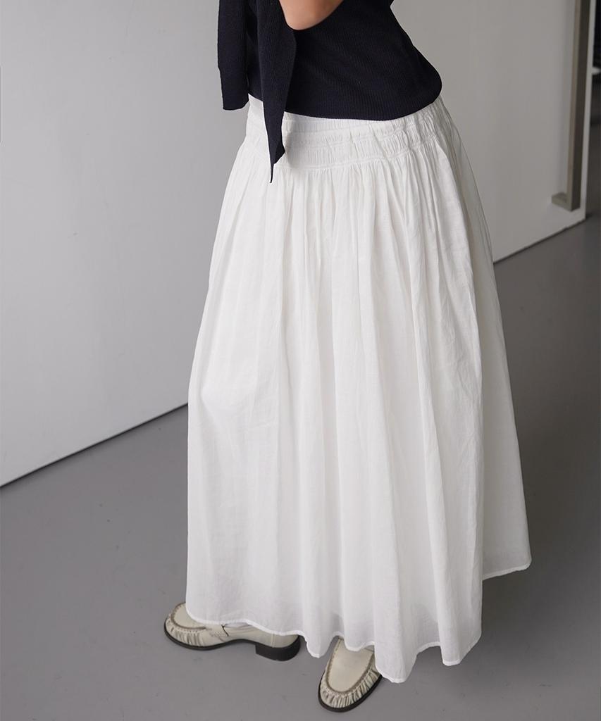 Cool Kitten Flare Long Skirt With Shirred Waist Detail (White)