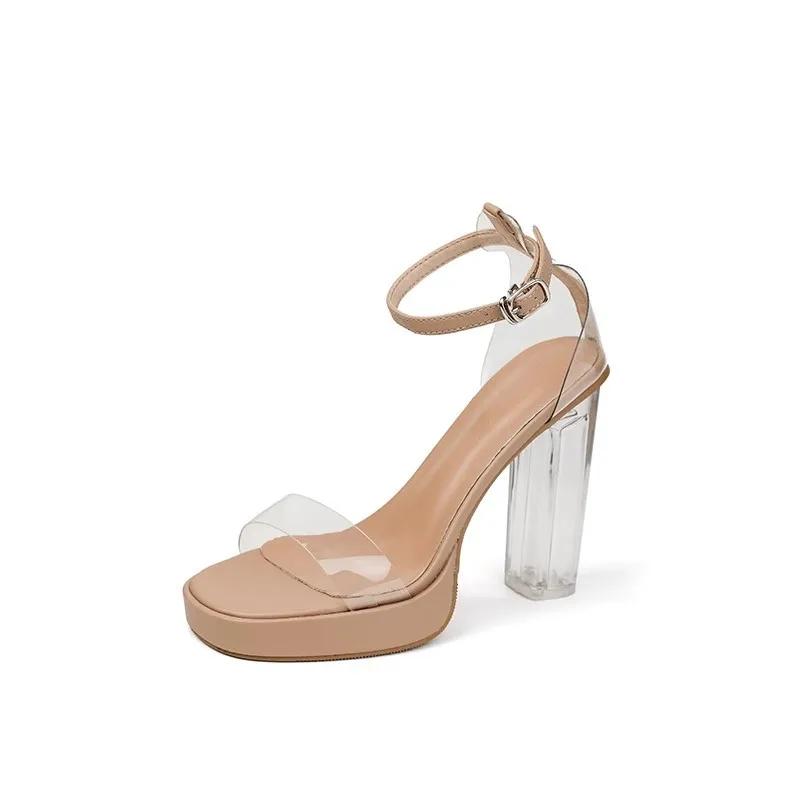 11CM Summer Ankle Buckle Strap Open Toe CRYSTAL Transparen Platform Square Heels Women's Sandals Nightclub Shoes