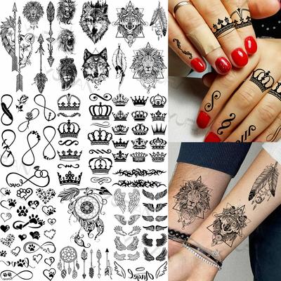 Black Crown Lion Wolf Temporary Tattoo For Women Men Realistic Infinite Totem Wings Fake Tattoo Sticker Finger Waterproof Tatoos