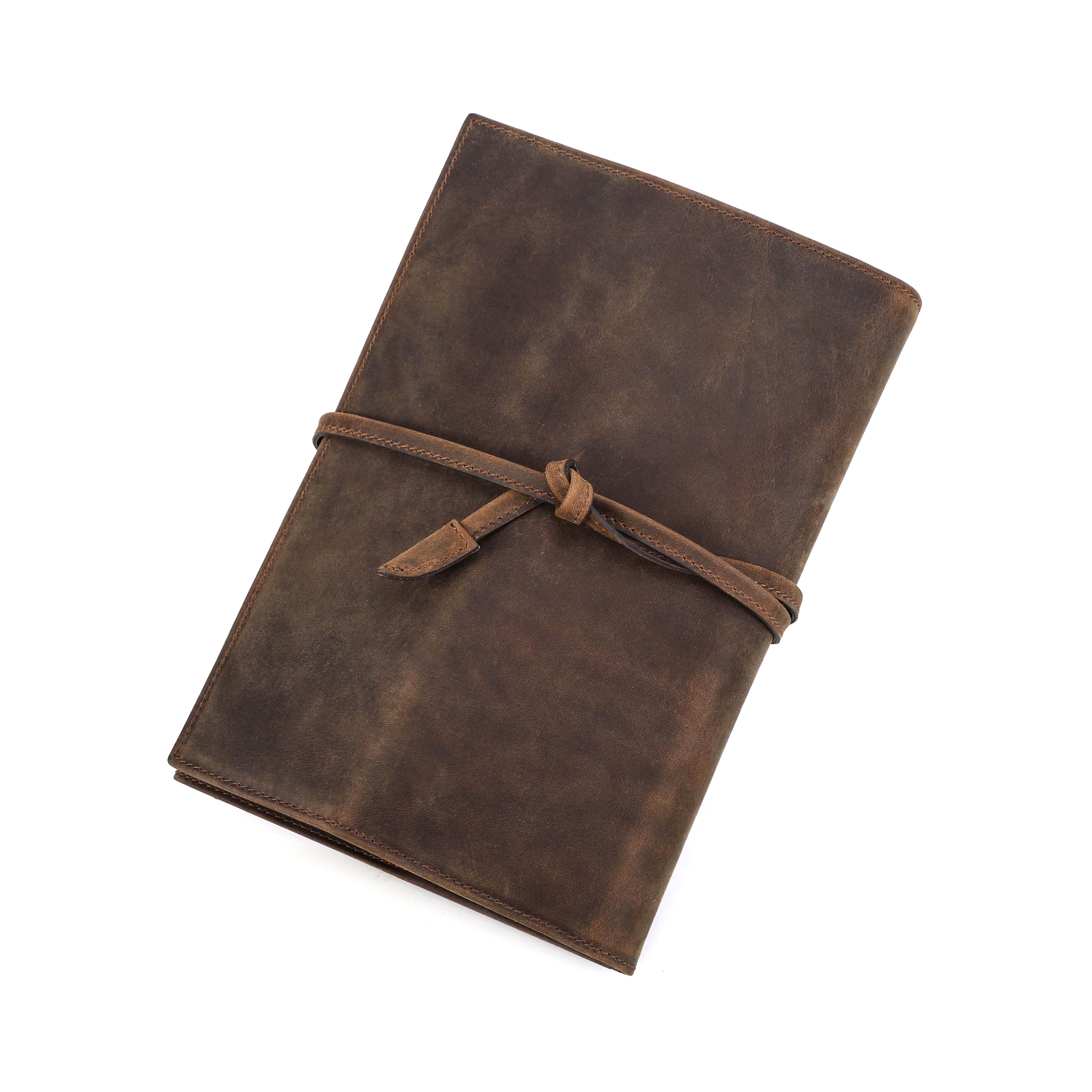 Premium Full Grain Leather A5 Refillable Notebook Vintage Tri Fold Crazy Horse Cover Tie Closure 23x16.4x2.5cm Loose-leaf кофейный