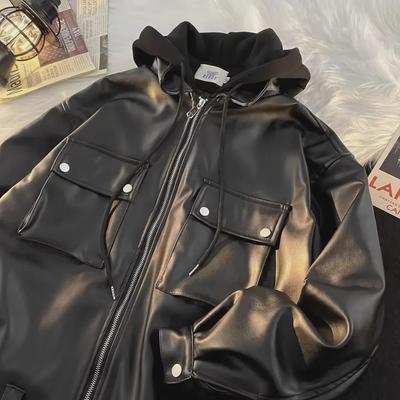 Locker geschnittene PU-Lederjacke für Herren im Hongkong-Stil, zweiteiliger Look, trendiges High-Street-Motorradoberteil für Frühling und Herbst.