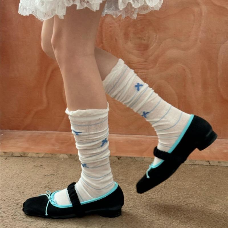 2 Pairs of Bubble Socks, Bow Calf Socks, Summer Ballet-style Long Tube Pile Socks, Lace Socks