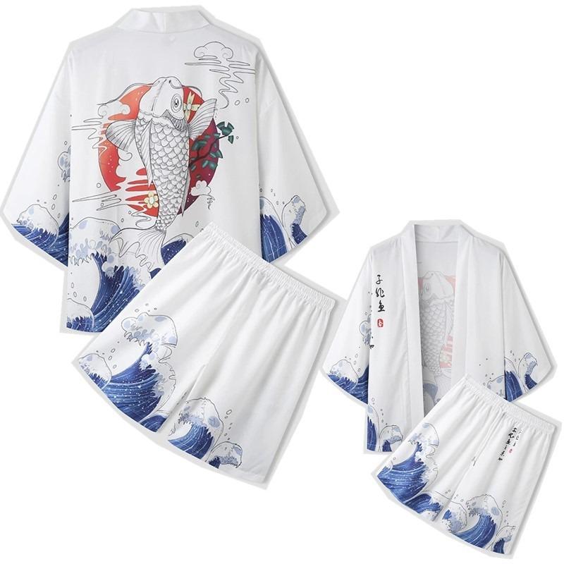 2026 New national style Hawaiian vacation ukiyo-e painted seven-quarter-sleeved Taoist robe 3D printed carp kimono cape