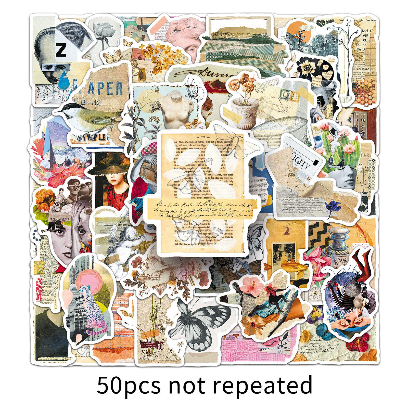 50 Sheets of Artistic Retro Newspaper Collage Stickers - Waterproof, Decorative for Water Bottles & Journals