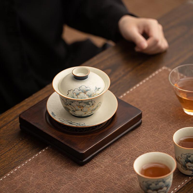 Sushi Keramik Handbemalt Blau & Weiß Pfingstrose Gaiwan