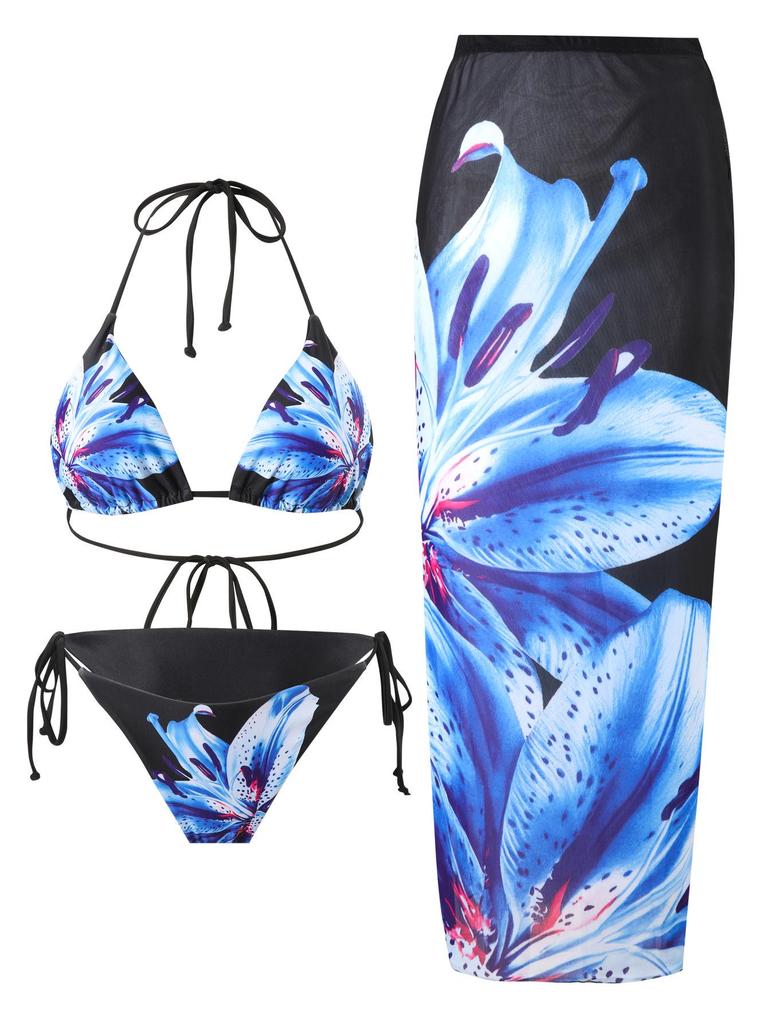 Europäischer Bikini: Elegantes Muster, Sexy Schnürung, Schlitz-Maxirock