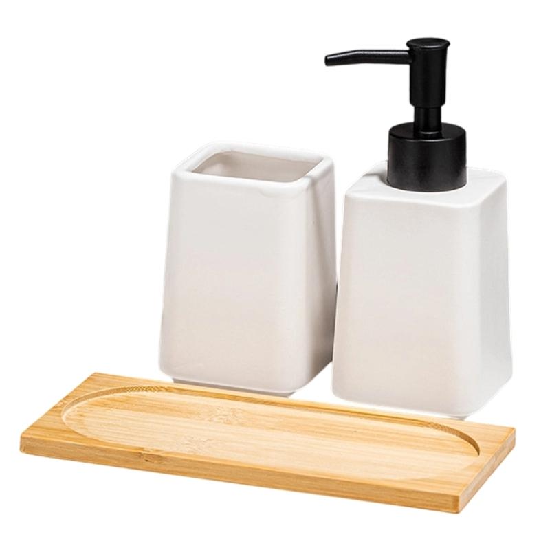Set of 3 Ceramic Soap Dispenser Set Including Storage Tray and Toothbrush Cup for Bathroom Countertop Decoration