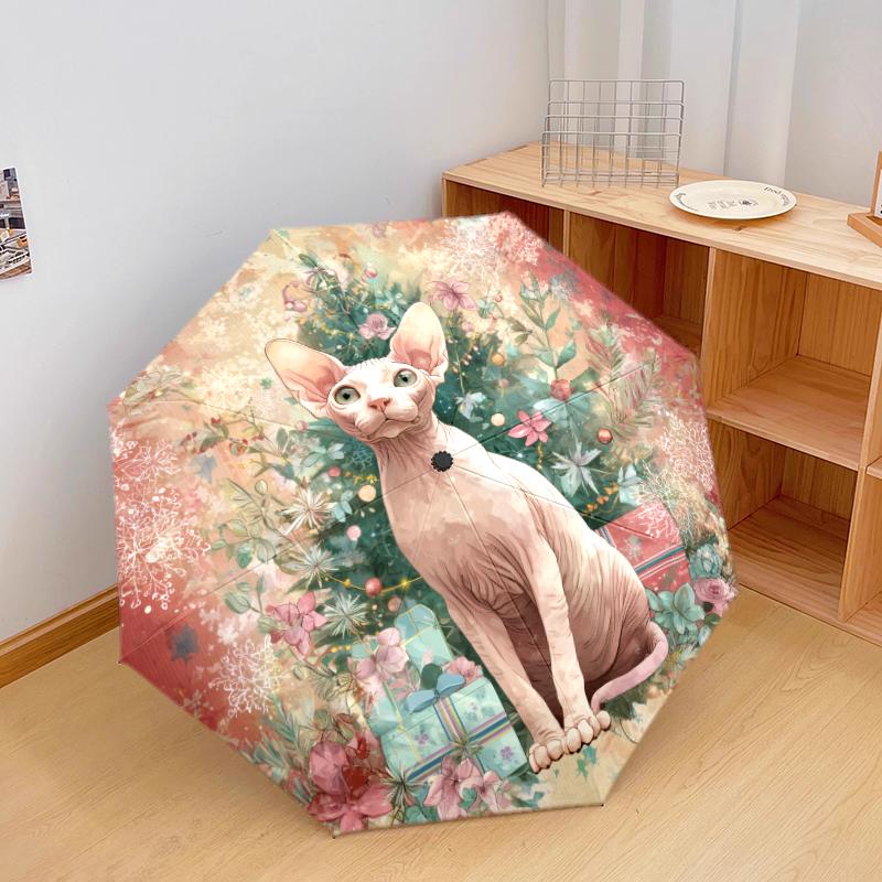 Weihnachtskatze, automatischer Regenschirm, tragbares und faltbares Design, 8 Schirmstäbe, ein Weihnachts- oder Geburtstagsgeschenk.