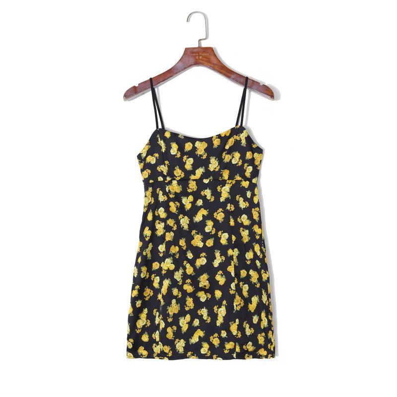 

Летняя женская одежда 2025 года Свежий праздничный стиль Цветочный принт Сексуальное платье без спинки с высокой талией Облегающее Стройнящее Платье-сарафан Yellow flowers with black background M