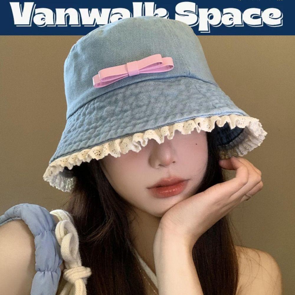 Y2K Denim Bucket Hat Big Brimmed Bow Sunscreen Hat Fashion Lace Fisherman Hat  Climbing