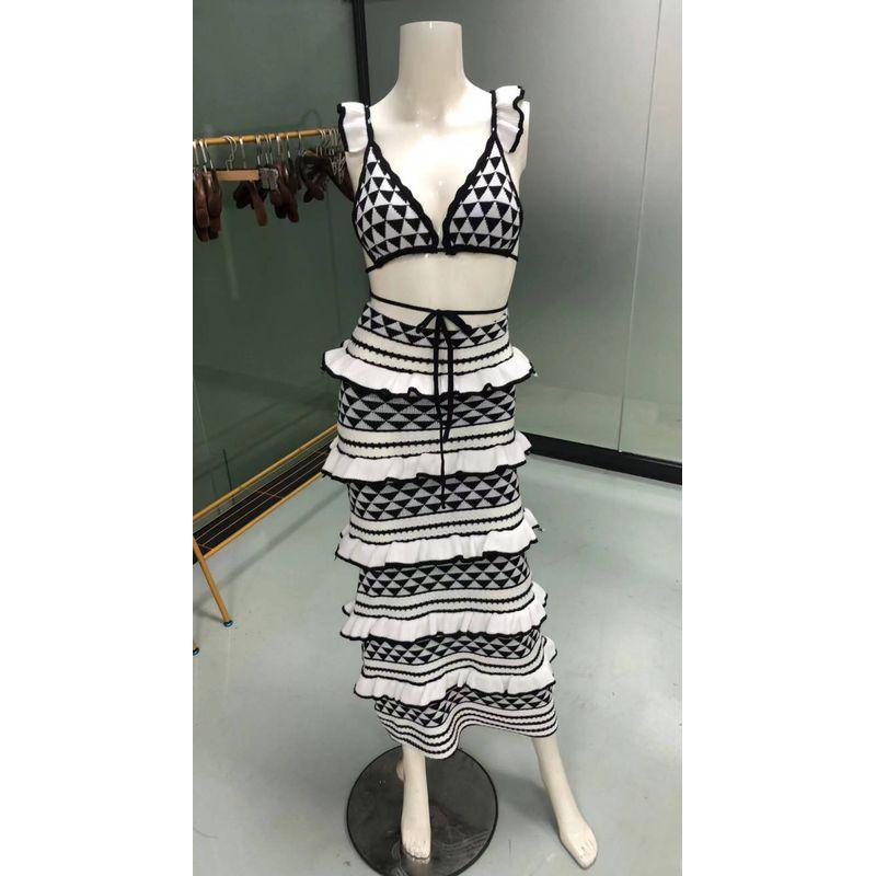 

Elsa Fashion Women s New Stripes Bikini Beach Knitting Ruffles Vest Tops Skirt Suit Women Stripes (high quality fabric) L