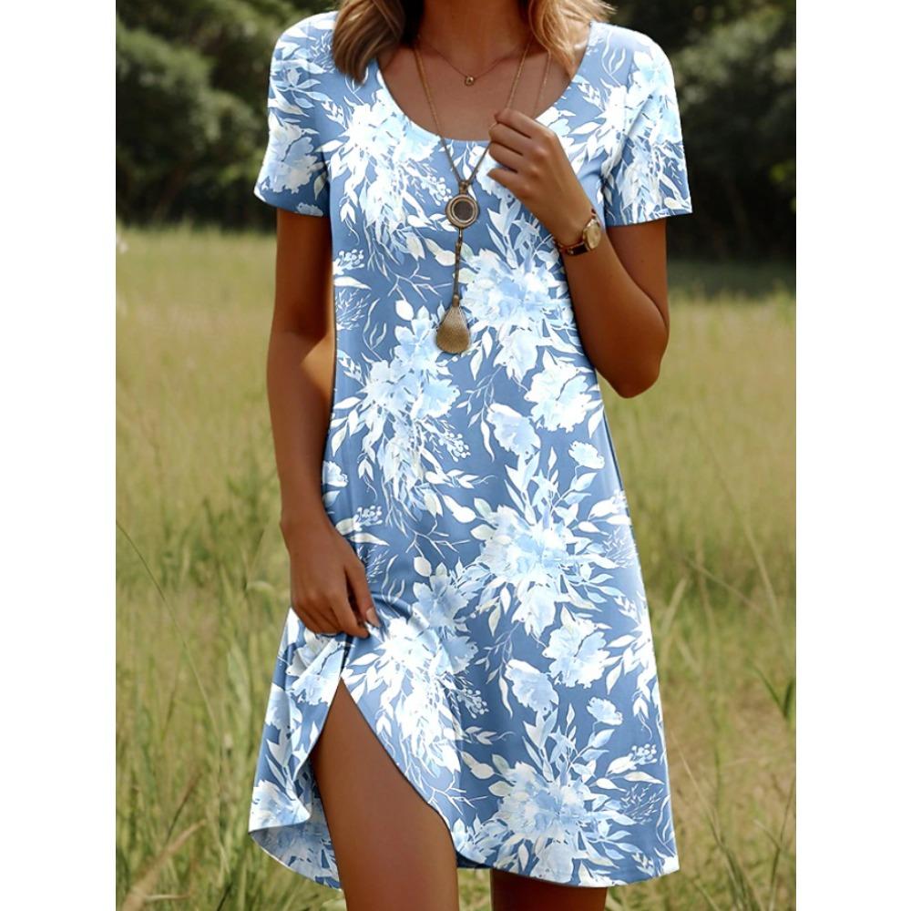 Women's Fashion Flower Pattern Print Summer Spring Short Sleeve O-Neck Casual Dresses