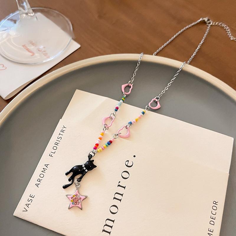 Kitten Pink Star Pendant Beaded Necklace Y2K Cute Sweet Cool Ins Style Clavicle Chain Girl Choker Jewelry Accessories Party Gift