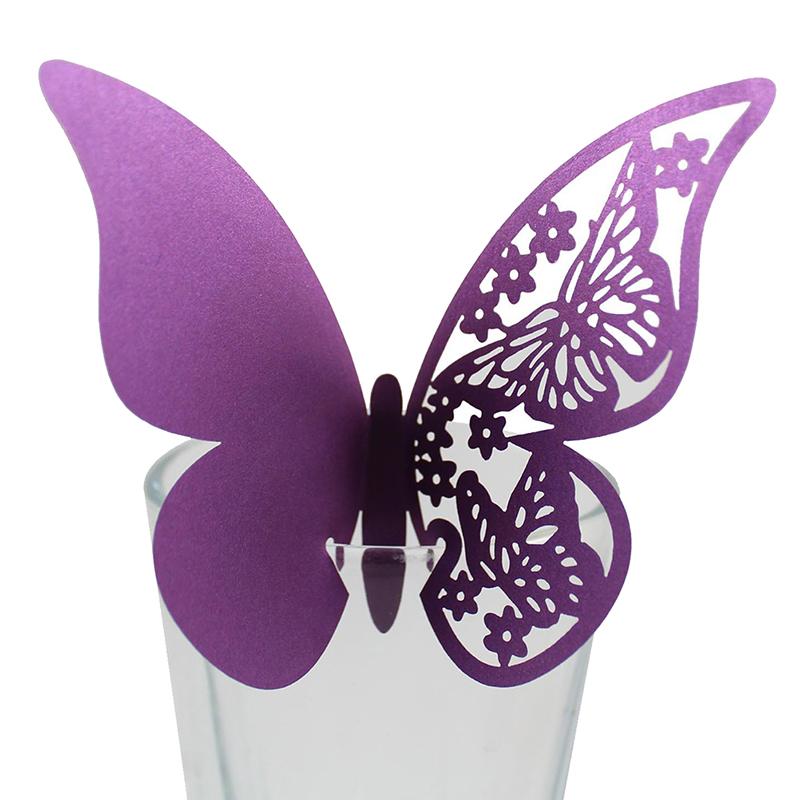 

50Pcs Hollow Butterfly Cup Card Wine Glass Paper Name Place Seats Card Favor Purple