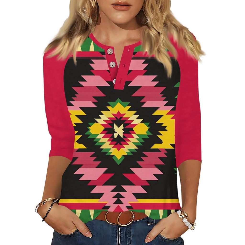 Women's Tops Three-quarter Sleeve V-neck Button Printed Imitation Cotton T-shirt