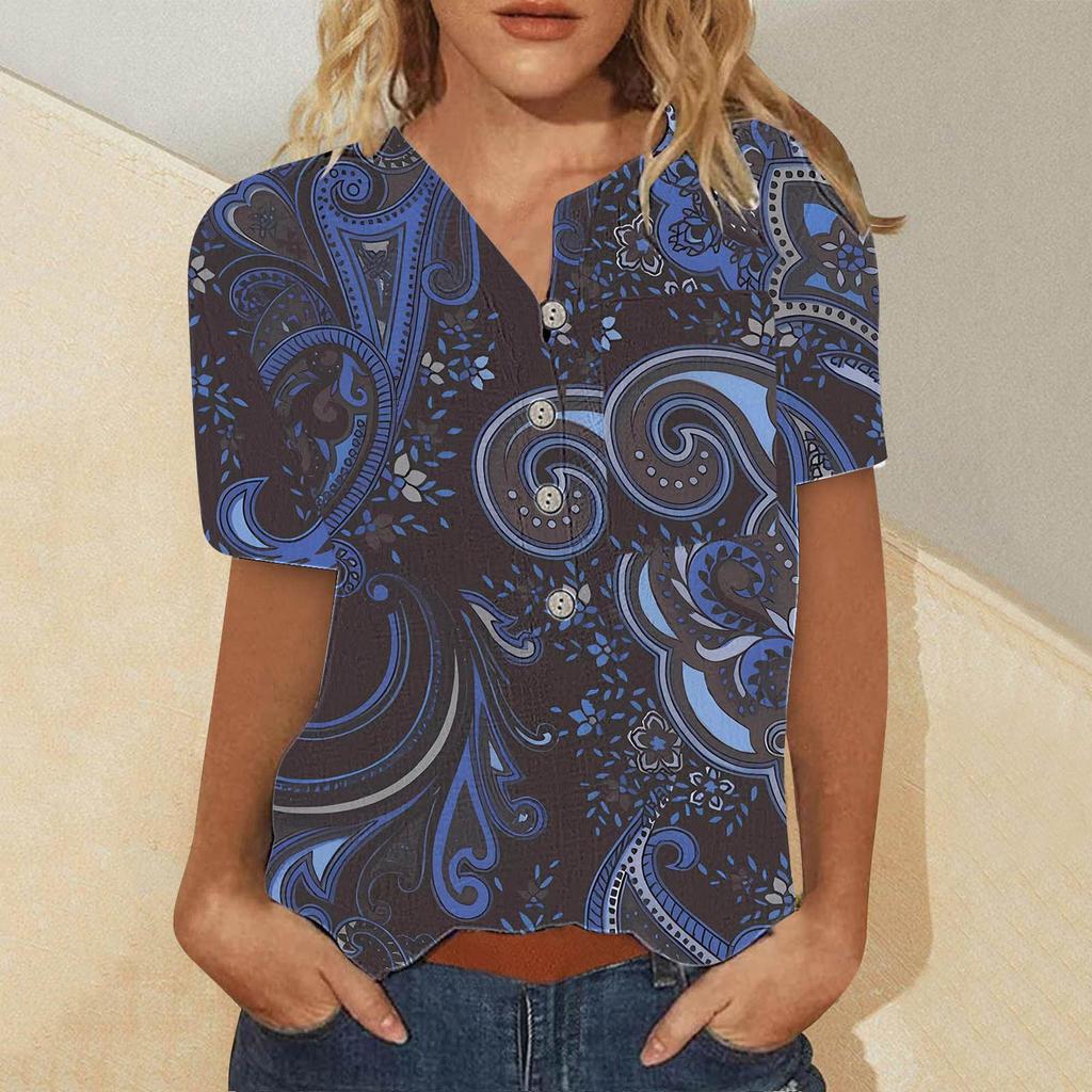 Women's Summer Casual Fashion Cotton Linen Printed Women's Short Sleeve Shirt Tops