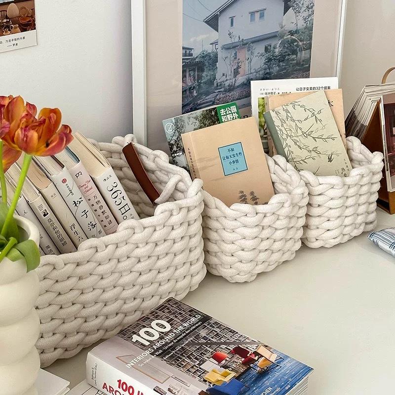 Handmade Cotton Rope Storage Basket Jewelry Storage Baskets Living Room Desktop Organize Box with Handle Bedroom Organizing Box