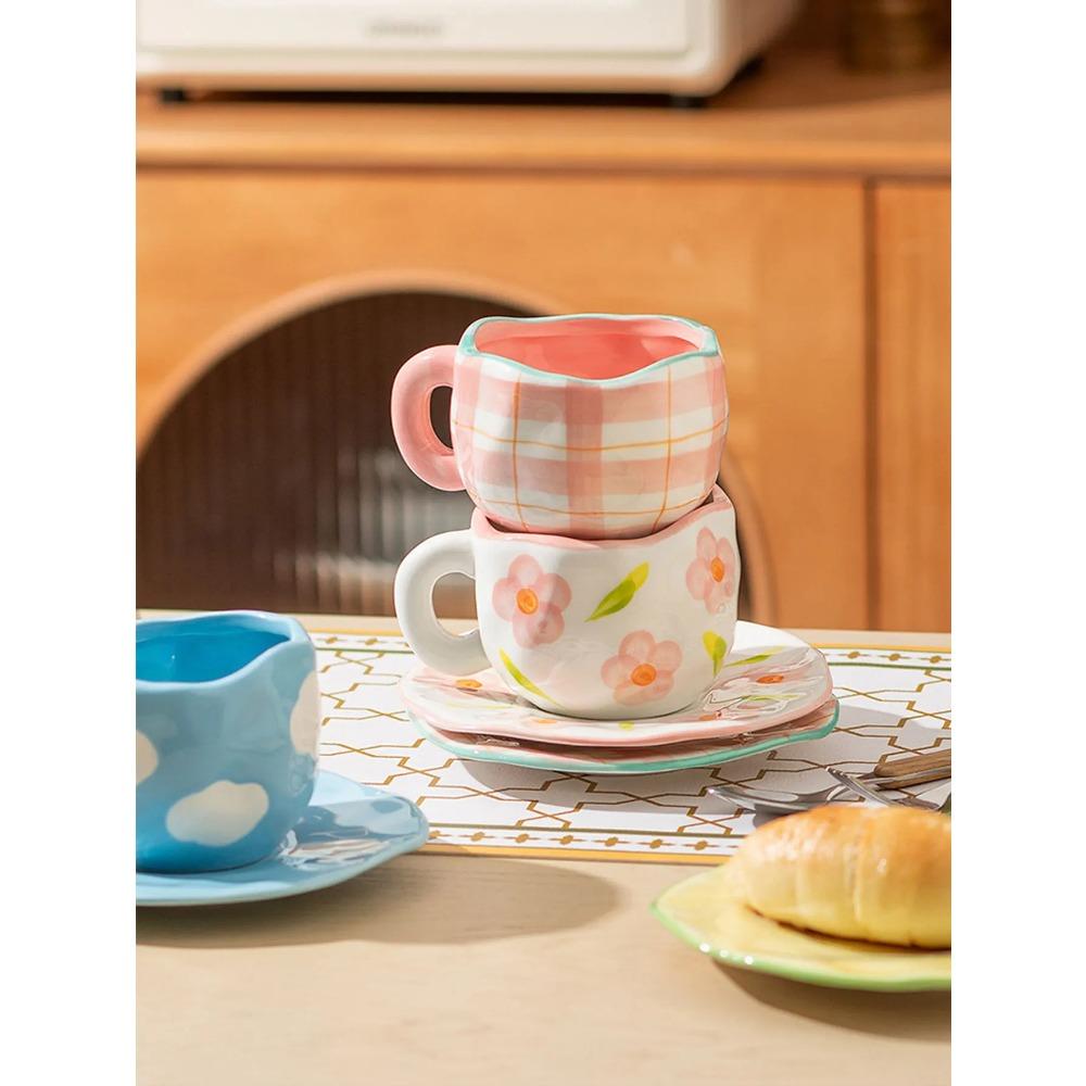 Hand-painted Flower Ceramic Coffee Cup Home Office Mug With Plate Spoon Breakfast Milk Juice Tea Handle Cup Gift Drinkware Set