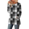 Women's Checkered Printed Round-neck Long-sleeved Top With Pockets And Side Slits