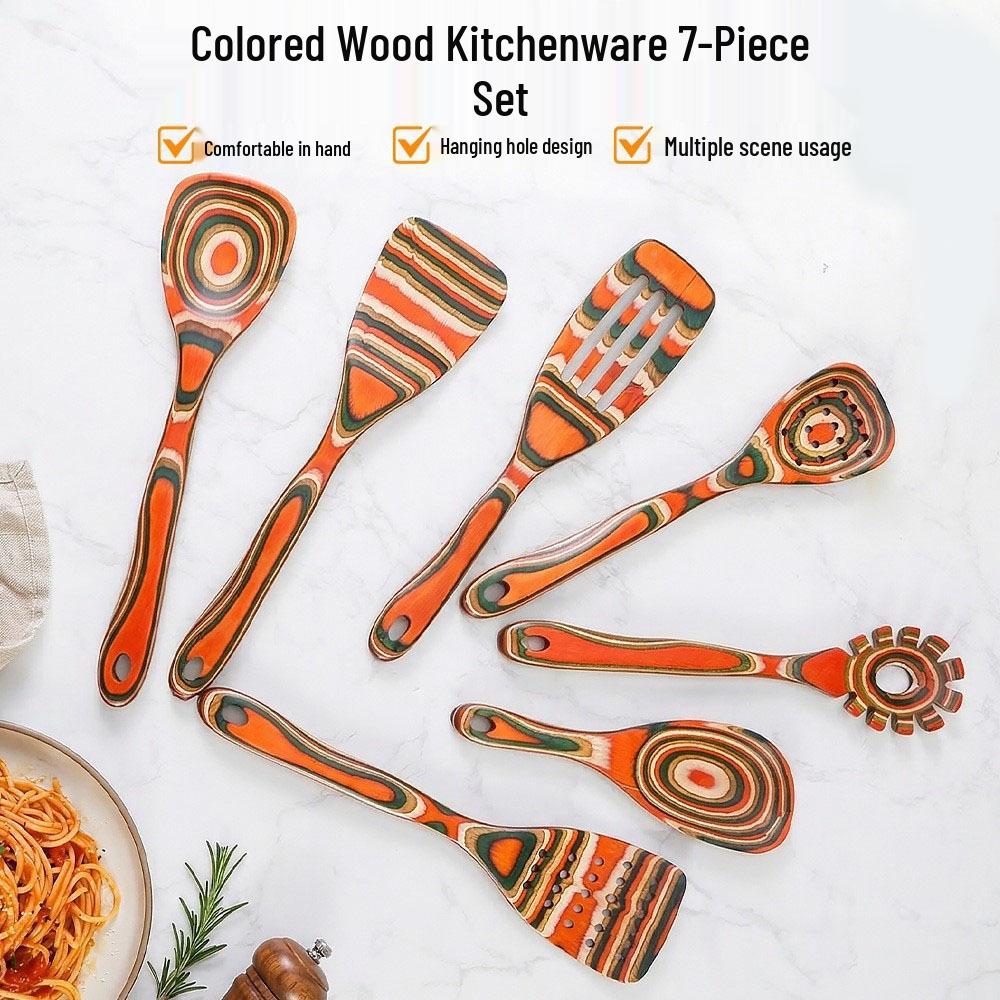 Colored Wooden Kitchen Set: Non-stick Ladle, Strainer, and Spatula.