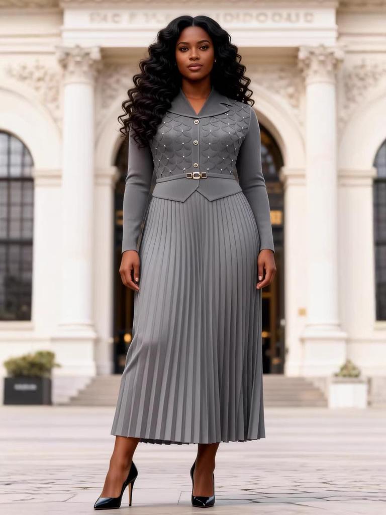 Elegant Plus Size Pure Color Beaded Dress with Miyake Pleats