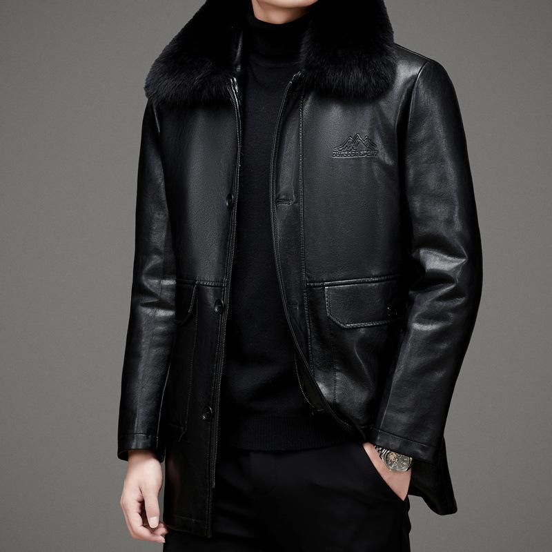 Genuine Leather Jacket Men's Casual Thickened Short Lapel Down Jacket Jacket Plus Cashmere Sheepskin Jacket Winter
