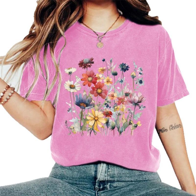 Summer Pure Cotton Washed and Aged Floral Round-neck Pullovers Short-sleeved Women's T-shirt