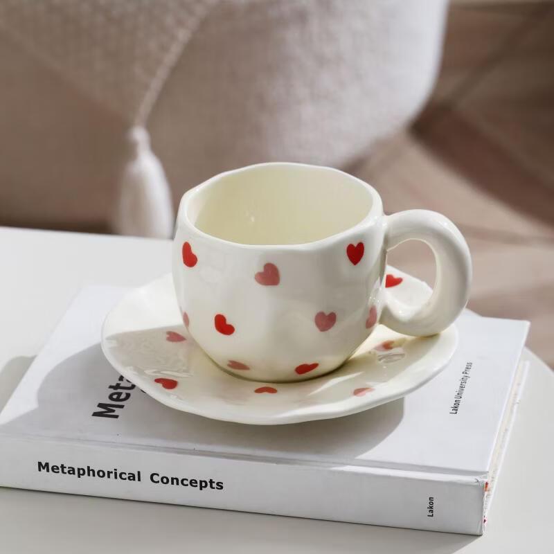 OLOEY Ceramic Underglaze Heart Coffee Mug & Saucer Set