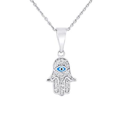 Children's Pendant - LÉA &; ARTHUR - KHAMSA AMULET - 925 Silver - Zirconium Oxides - Blue Enamel