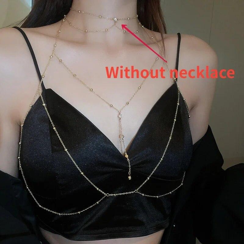 Sexy Kreuz-Brust-Halskette für Frauen Pailletten Brust-BH Taillengürtel Bauchkette für Strand-Bikini Romantischer Körperschmuck 2023 Sommer