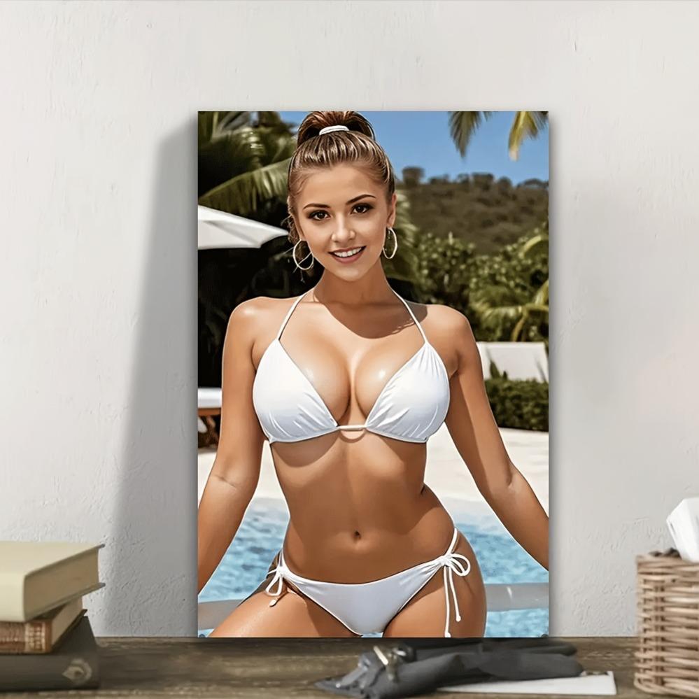 Vibrant Girl Art Print - Sexy Bikini Woman By Pool Aluminum Plate Home Office Decor Birthday Valentine's Day Gift