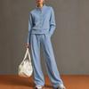 Women Stand Collar Button Front Track Suit Set Long Sleeve Top Wide Leg Pants Two Piece Outfit