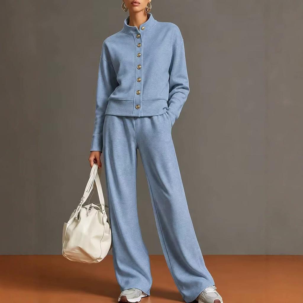 Women Stand Collar Button Front Track Suit Set Long Sleeve Top Wide Leg Pants Two Piece Outfit