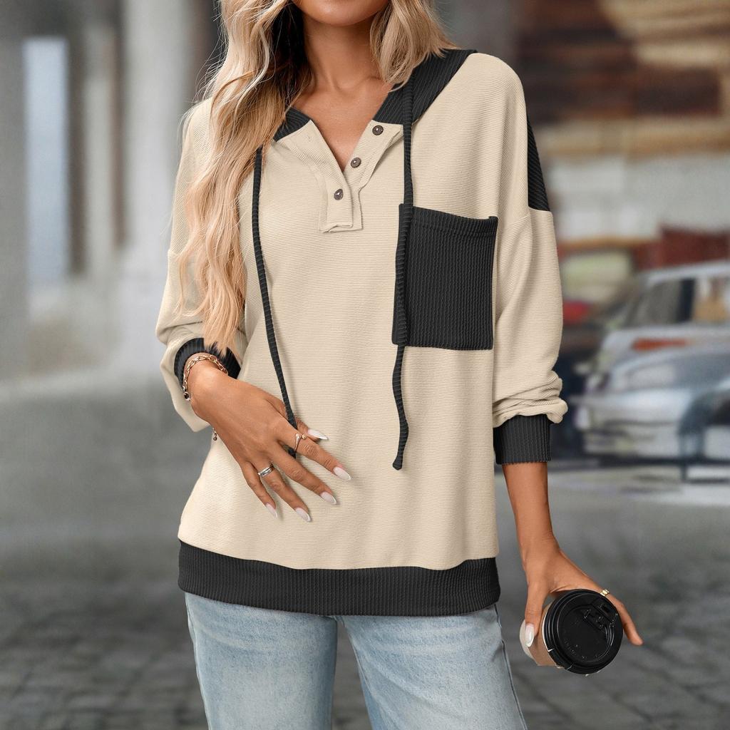 Women's Fashion Color Blocked Long Sleeved Button Hoodie Top