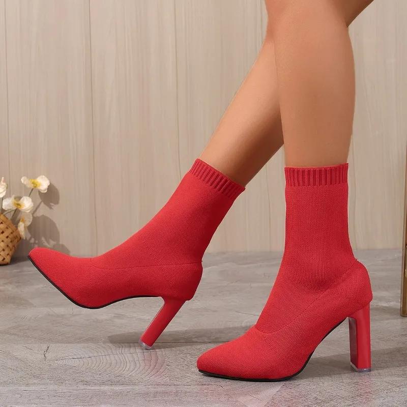 Fashion 2024 Winter High-quality Women's Shoes New Fashion Solid Color Pointed Toe Cloth Short-barrel Women's High-heeled Boots