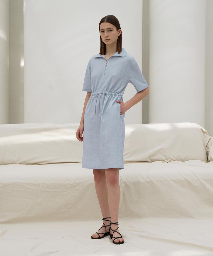 Rie Zip Neck Drawstring Waist Midi Dress