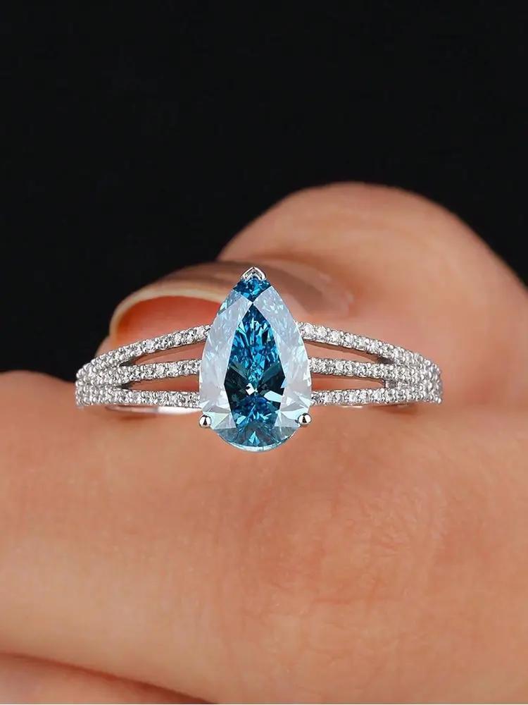 925 Sterling Silver Vintage Fashion Sea Blue Pear Zircon Ring For Women Engagement Wedding Simple High Quality Fine Jewelry