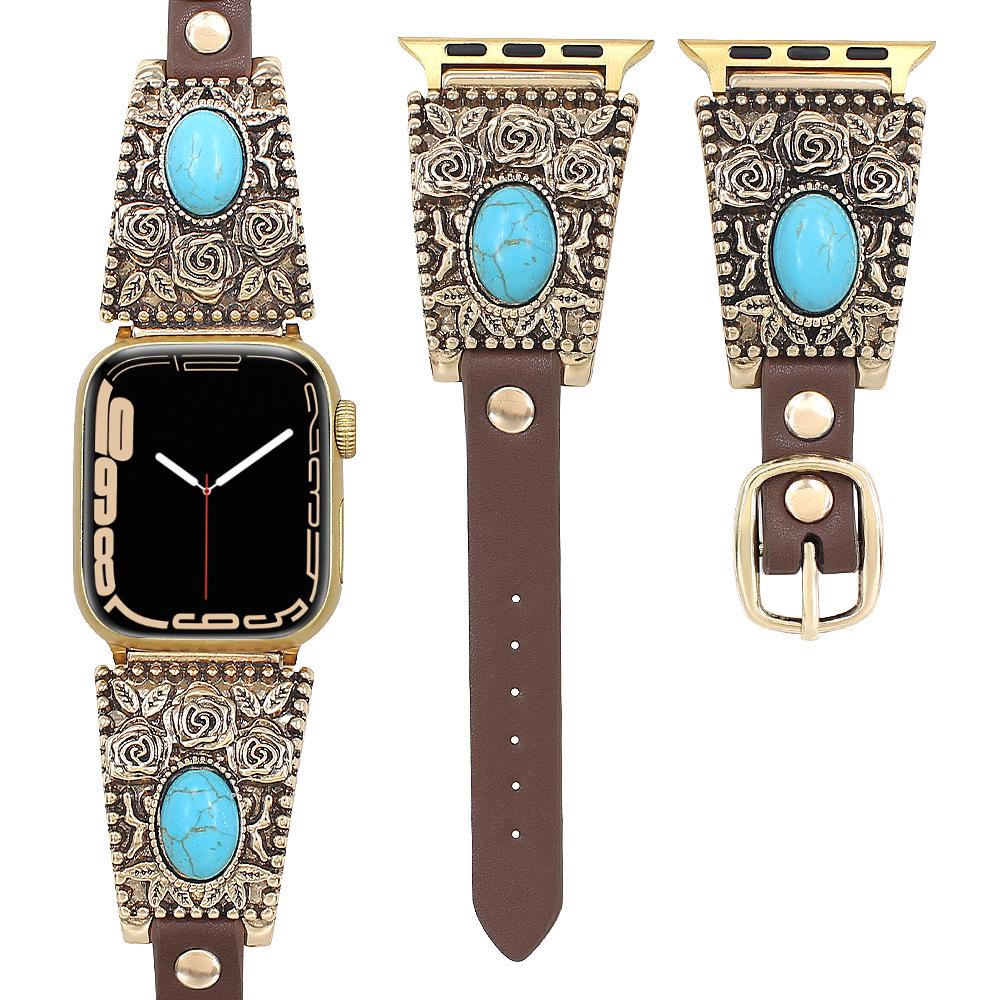 

Turquoise Retro Floral Leather Strap for Apple Watch S10/S11 - Hot Sale 38/40/41/42mm золотой
