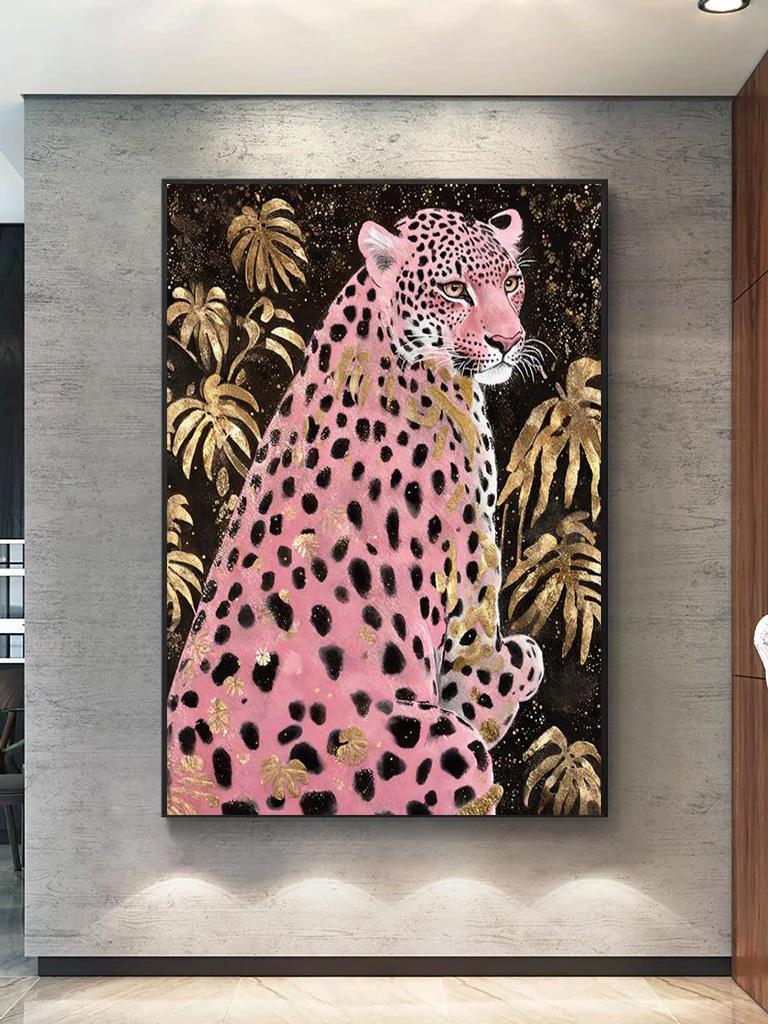 Canvas Painting Pink Leopard Abstract Botanical Leaf Animals Painting Modern Home or Living Room Decoration No Frame Wall Decor