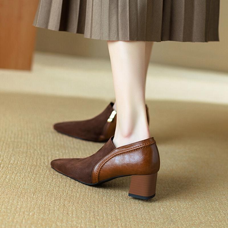 Fashion NEW Spring/Autumn Women Loafers Sheep Suede Leather Shoes for Women Pointed Toe Chunky Heel Soft Shoes Black Zipper Women Pumps