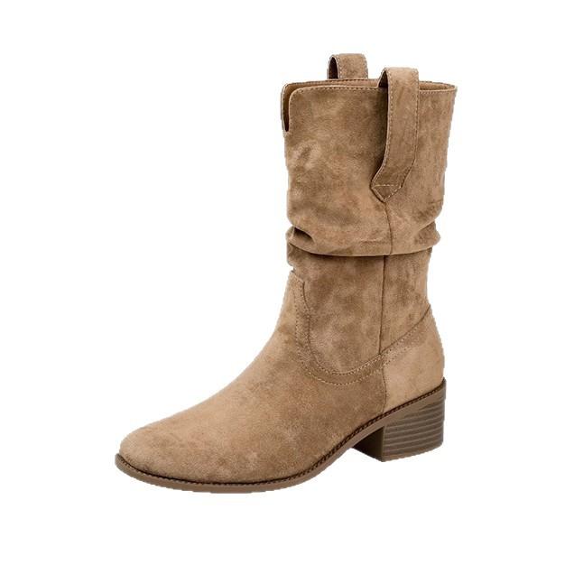 Leather version! Western pleated short boots women's pile boots retro British style small man inner height increase medium tube Martin boots