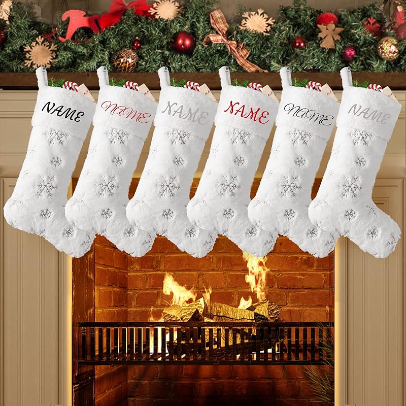 2PCS Plush Christmas Stockings White Faux Fur Large 56cm Deluxe Hanging Xmas Stockings with Silver Sequin Snowflake for Christmas Fireplace