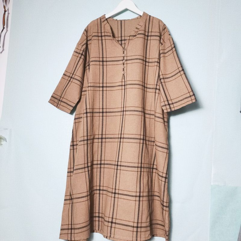 Export Daily Order Tail Goods V Neck Half Sleeve Half Open Gingham Mid Length Long Length Dress Plus Size Loose Casual Summer