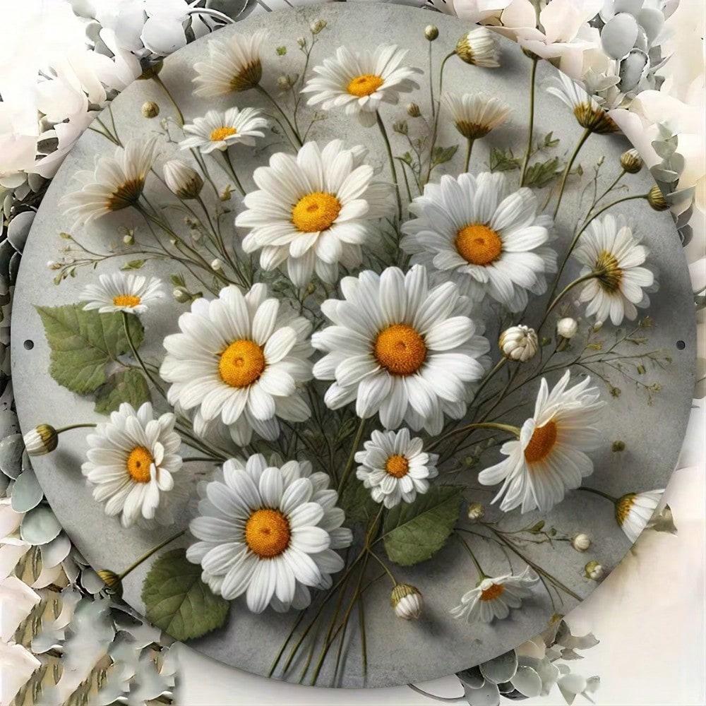 Vintage Daisy Wreath Round Metal Wall Sign, Rustic White Flower Green Leaf Decor for Home Indoor Outdoor Wall Art 20x20 белый
