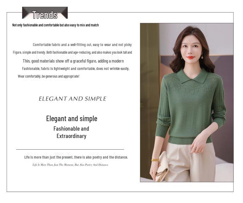 Autumn 2025 Hollowed-Out Long-Sleeve Knitted Sweater with Turn-Down Collar - Women's Fashionable Base Layer Pullover