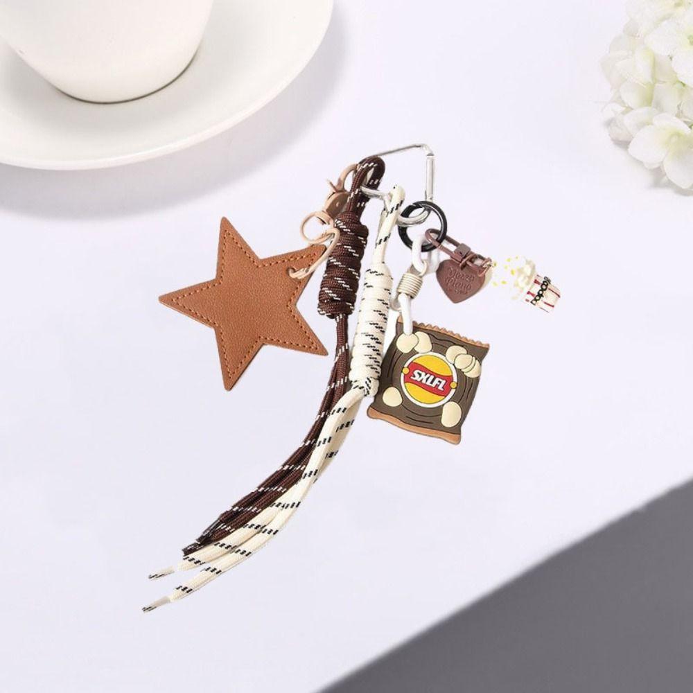 Popcorn Potato Chips Star Shaped Keychain PU Leather Star Keyring  Children Girl