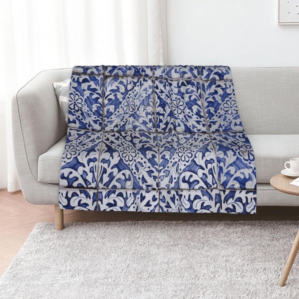 Portuguese Tiles Pattern - Azulejo Blue And White Floral Leaf Design Throw Blanket Large Warm Soft Plush Plaid Moving Blankets