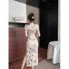 Summer new niche temperament retro printing improved split fork slim slim dress women