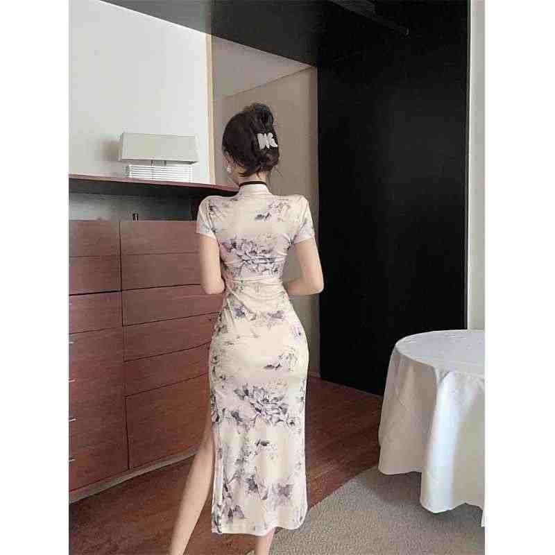 Summer new niche temperament retro printing improved split fork slim slim dress women